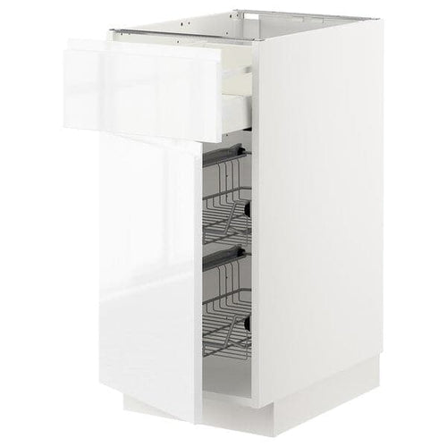 METOD / MAXIMERA - Base cab w wire basket/drawer/door, white/Voxtorp high-gloss/white, 40x60 cm