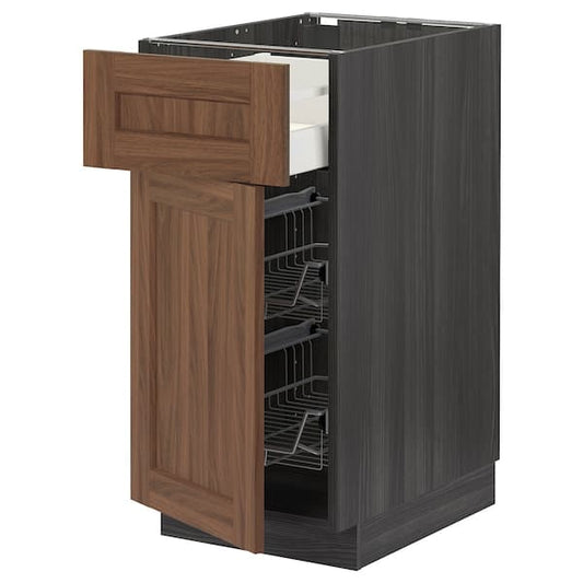 Ikea METOD / MAXIMERA - Base cab w wire basket/drawer/door, black Enköping/brown walnut effect, 40x60 cm