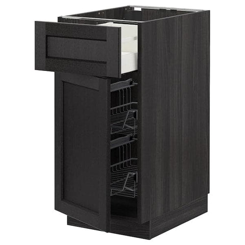 METOD / MAXIMERA - Base cab w wire basket/drawer/door, black/Lerhyttan black stained, 40x60 cm