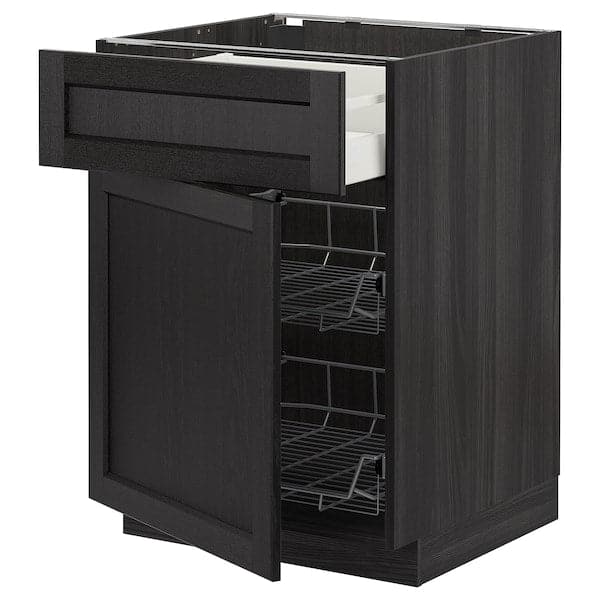 METOD / MAXIMERA - Base cab w wire basket/drawer/door, black/Lerhyttan black stained