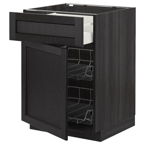METOD / MAXIMERA - Base cab w wire basket/drawer/door, black/Lerhyttan black stained, 60x60 cm