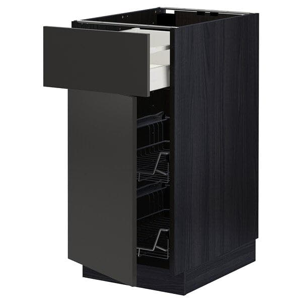 METOD / MAXIMERA - Base cab w wire basket/drawer/door, black/Nickebo matt anthracite, 40x60 cm