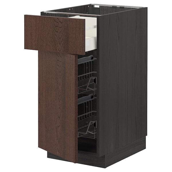Ikea METOD / MAXIMERA - Base cab w wire basket/drawer/door, black/Sinarp brown , 40x60 cm