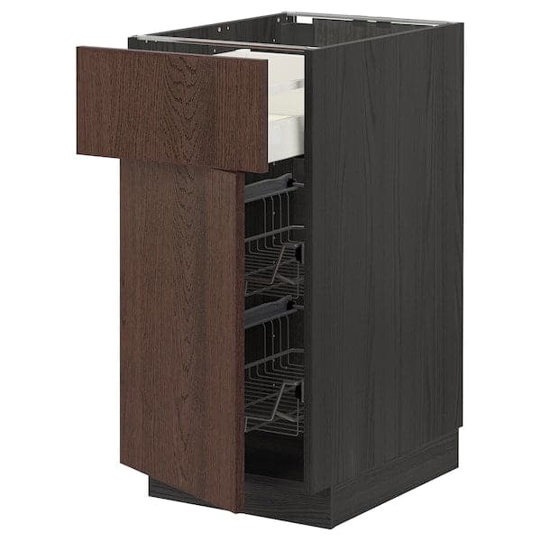 METOD / MAXIMERA - Base cab w wire basket/drawer/door, black/Sinarp brown , 40x60 cm