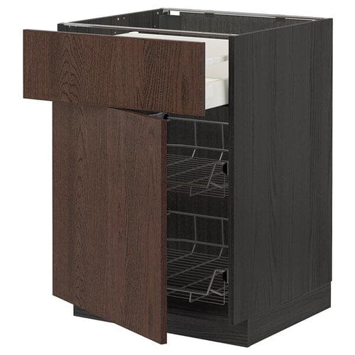 METOD / MAXIMERA - Base cab w wire basket/drawer/door, black/Sinarp brown , 60x60 cm