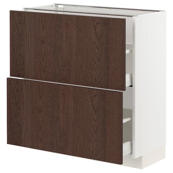 METOD / MAXIMERA - Base cabinet with 2 drawers, white/Sinarp brown, 80x37 cm - best price from Maltashopper.com 99404158
