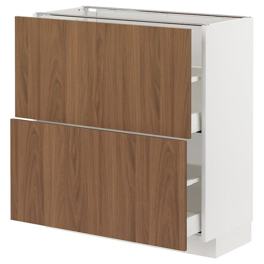 Ikea METOD / MAXIMERA - Base cabinet with 2 drawers, white/Tistorp brown walnut effect, 80x37 cm