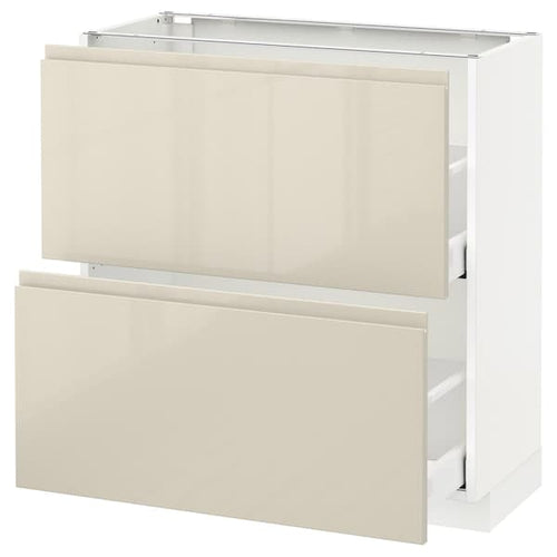 METOD / MAXIMERA - Base cabinet with 2 drawers, white/Voxtorp high-gloss light beige , 80x37 cm