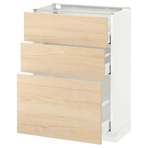 METOD / MAXIMERA - Base cabinet with 3 drawers, white/Askersund light ash effect, 60x37 cm