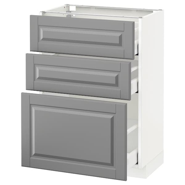 METOD / MAXIMERA - Base cabinet with 3 drawers, white/Bodbyn grey, 60x37 cm