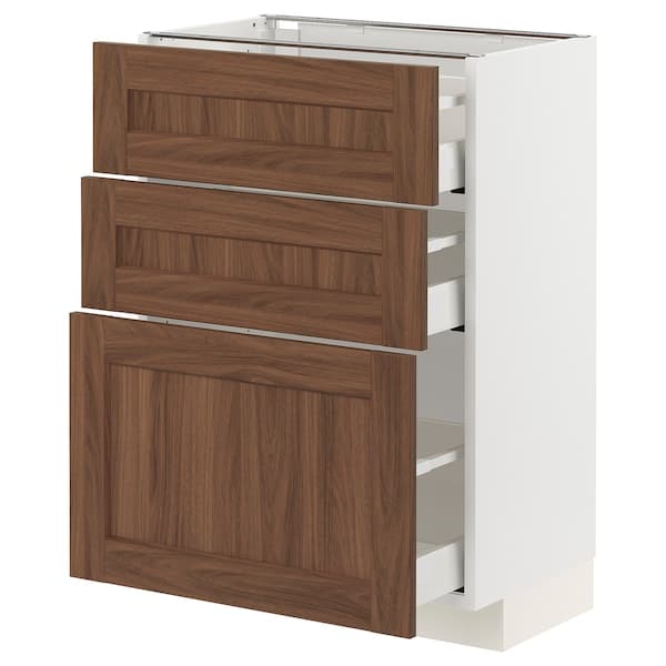 METOD / MAXIMERA - Base cabinet with 3 drawers, white Enköping/brown walnut effect, 60x37 cm - best price from Maltashopper.com 59474959