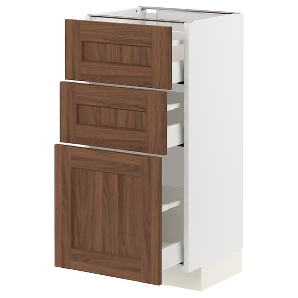 Ikea METOD / MAXIMERA - Base cabinet with 3 drawers, white Enköping/brown walnut effect, 40x37 cm