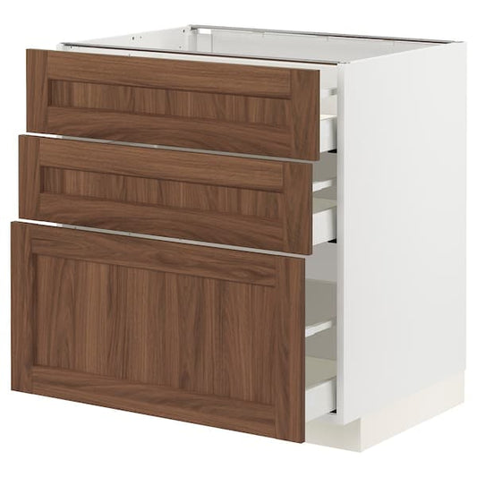 Ikea METOD / MAXIMERA - Base cabinet with 3 drawers, white Enköping/brown walnut effect, 80x60 cm