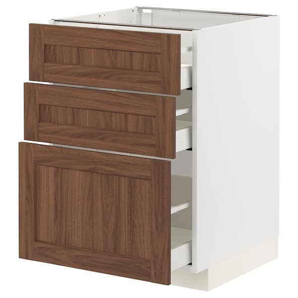 METOD / MAXIMERA - Base cabinet with 3 drawers, white Enköping/brown walnut effect, 60x60 cm - best price from Maltashopper.com 19474942