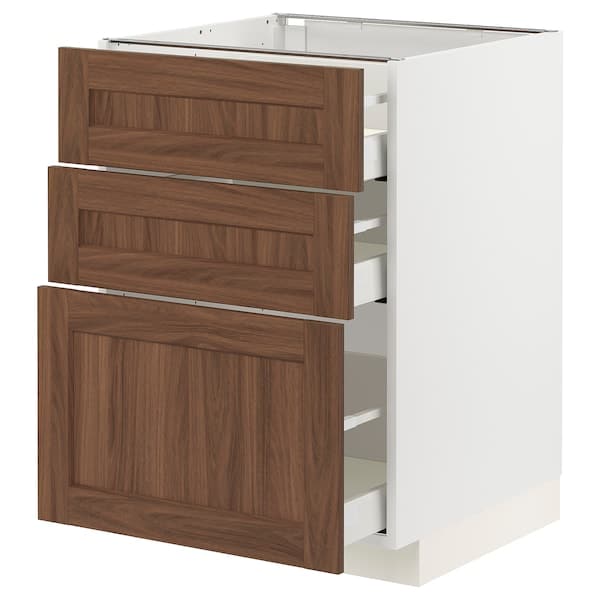 Ikea METOD / MAXIMERA - Base cabinet with 3 drawers, white Enköping/brown walnut effect, 60x60 cm