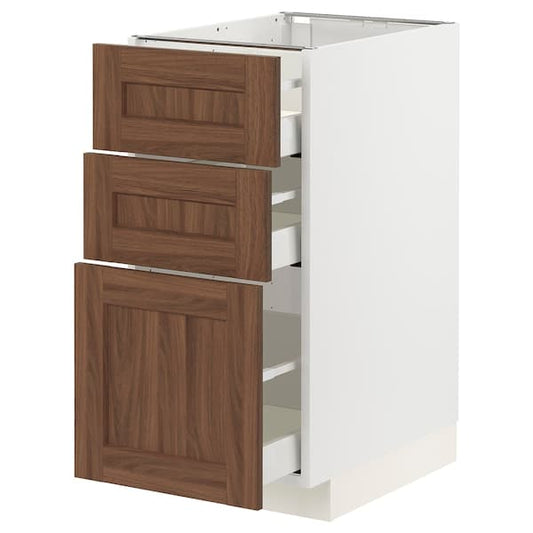 Ikea METOD / MAXIMERA - Base cabinet with 3 drawers, white Enköping/brown walnut effect, 40x60 cm