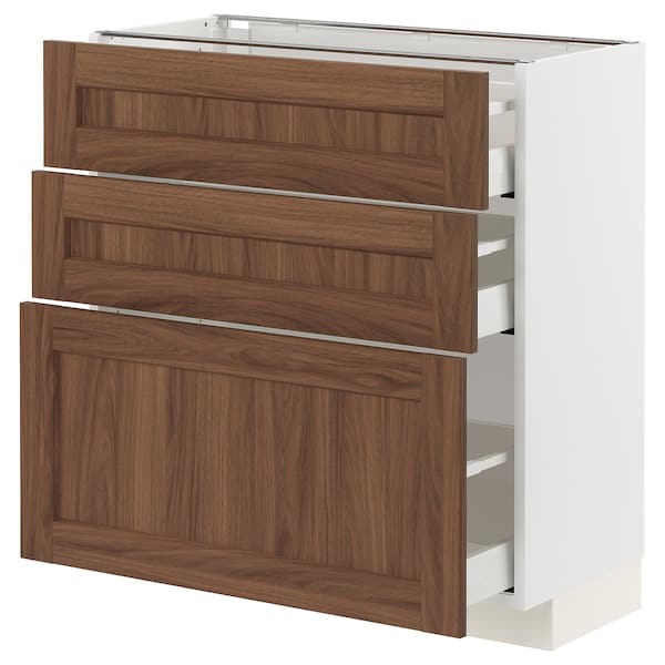 Ikea METOD / MAXIMERA - Base cabinet with 3 drawers, white Enköping/brown walnut effect, 80x37 cm