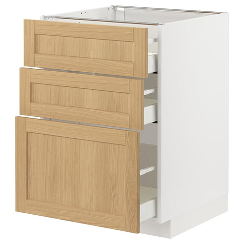 METOD / MAXIMERA - Base cabinet with 3 drawers, white/Forsbacka oak, 60x60 cm