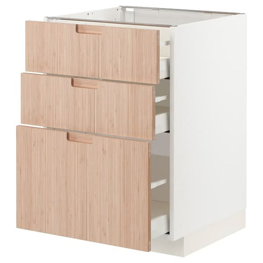 Ikea METOD / MAXIMERA - Base cabinet with 3 drawers, white/Fröjered light bamboo, 60x60 cm