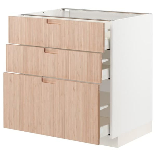 METOD / MAXIMERA - Base cabinet with 3 drawers, white/Fröjered light bamboo, 80x60 cm
