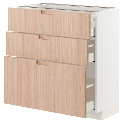 METOD / MAXIMERA - Base cabinet with 3 drawers, white/Fröjered light bamboo, 80x37 cm