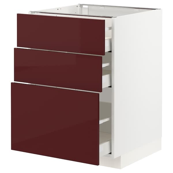 METOD / MAXIMERA - Base cabinet with 3 drawers, white Kallarp/high-gloss dark red-brown, 60x60 cm - best price from Maltashopper.com 29327597