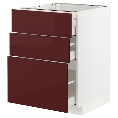 METOD / MAXIMERA - Base cabinet with 3 drawers, white Kallarp/high-gloss dark red-brown, 60x60 cm