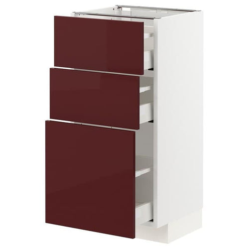 METOD / MAXIMERA - Base cabinet with 3 drawers, white Kallarp/high-gloss dark red-brown , 40x37 cm