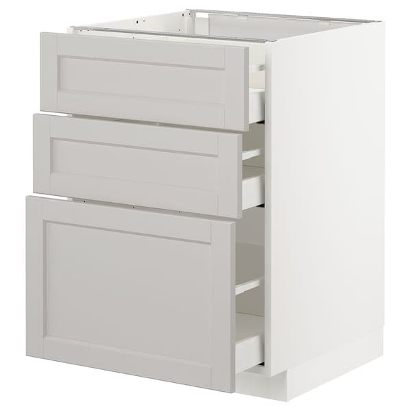 METOD / MAXIMERA - Base cabinet with 3 drawers, white/Lerhyttan light grey, 60x60 cm