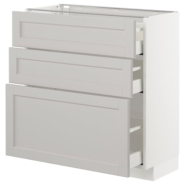 METOD / MAXIMERA - Base cabinet with 3 drawers, white/Lerhyttan light grey, 80x37 cm - best price from Maltashopper.com 99274265