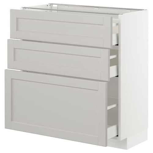 METOD / MAXIMERA - Base cabinet with 3 drawers, white/Lerhyttan light grey, 80x37 cm