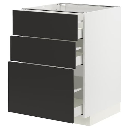 METOD / MAXIMERA - Base cabinet with 3 drawers, white/Nickebo matt anthracite, 60x60 cm