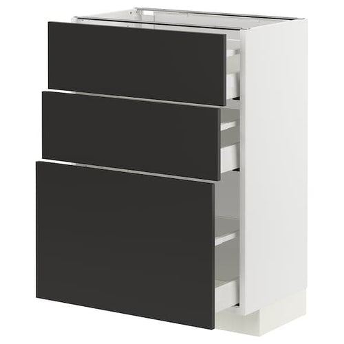 METOD / MAXIMERA - Base cabinet with 3 drawers, white/Nickebo matt anthracite , 60x37 cm
