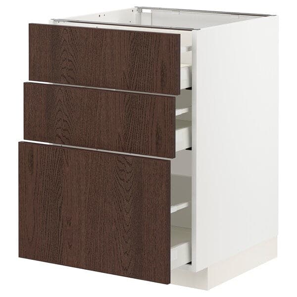METOD / MAXIMERA - Base cabinet with 3 drawers, white/Sinarp brown, 60x60 cm - best price from Maltashopper.com 69404131