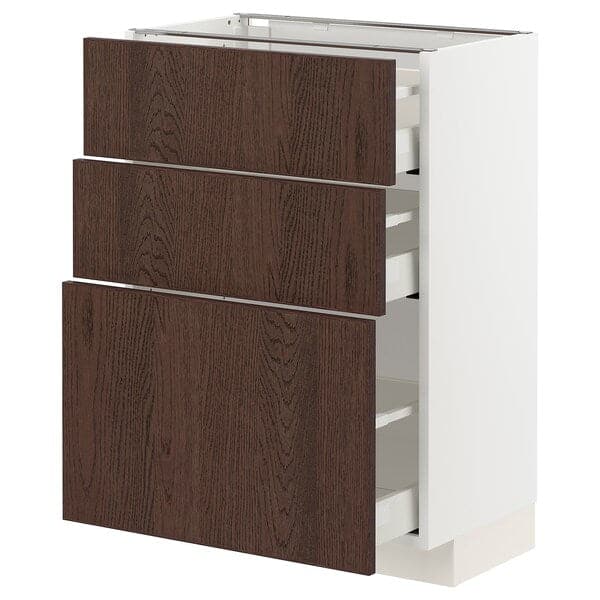 METOD / MAXIMERA - Base cabinet with 3 drawers, white/Sinarp brown , 60x37 cm