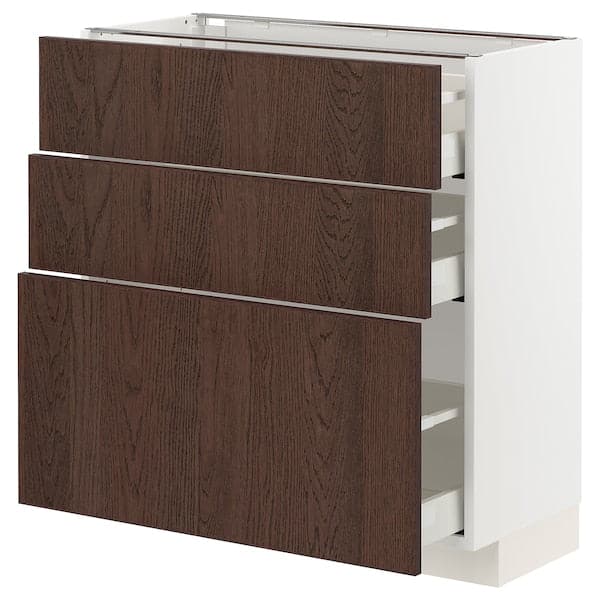Ikea METOD / MAXIMERA - Base cabinet with 3 drawers, white/Sinarp brown , 80x37 cm