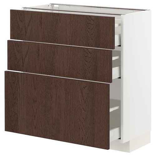 METOD / MAXIMERA - Base cabinet with 3 drawers, white/Sinarp brown , 80x37 cm