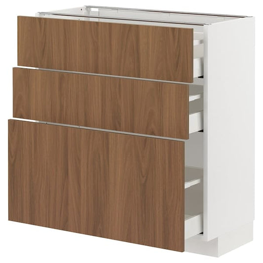 Ikea METOD / MAXIMERA - Base cabinet with 3 drawers, white/Tistorp brown walnut effect, 80x37 cm