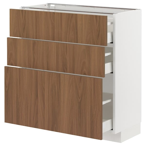 Ikea METOD / MAXIMERA - Base cabinet with 3 drawers, white/Tistorp brown walnut effect, 80x37 cm