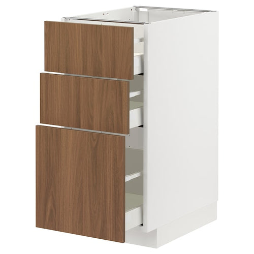 METOD / MAXIMERA - Base cabinet with 3 drawers, white/Tistorp brown walnut effect, 40x60 cm