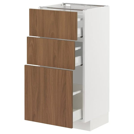 Ikea METOD / MAXIMERA - Base cabinet with 3 drawers, white/Tistorp brown walnut effect, 40x37 cm