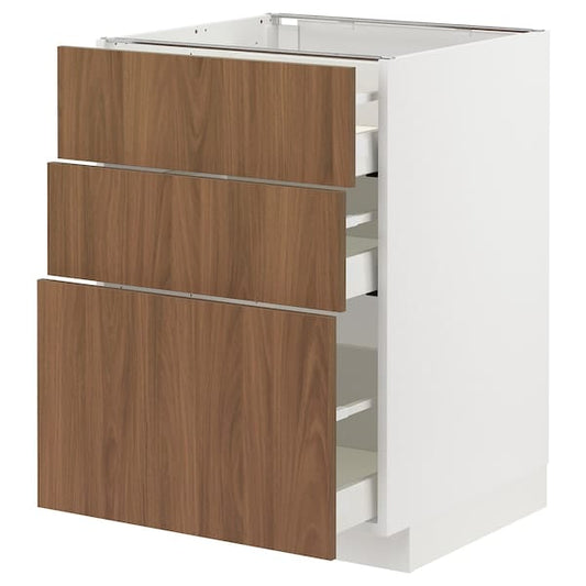 Ikea METOD / MAXIMERA - Base cabinet with 3 drawers, white/Tistorp brown walnut effect, 60x60 cm