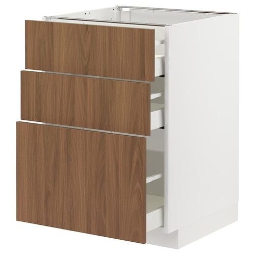 METOD / MAXIMERA - Base cabinet with 3 drawers, white/Tistorp brown walnut effect, 60x60 cm