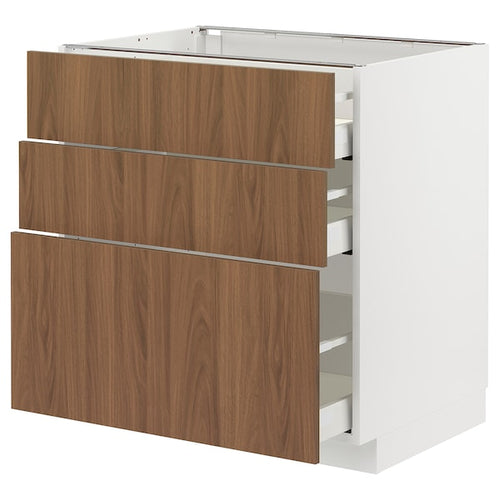 METOD / MAXIMERA - Base cabinet with 3 drawers, white/Tistorp brown walnut effect, 80x60 cm