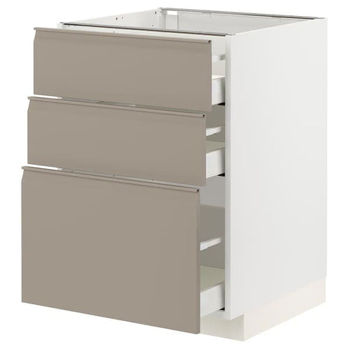METOD / MAXIMERA - Base cabinet with 3 drawers, white/Upplöv matt dark beige, 60x60 cm