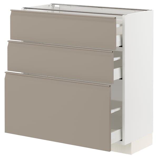 METOD / MAXIMERA - Base cabinet with 3 drawers, white/Upplöv matt dark beige , 80x37 cm