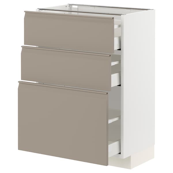 METOD / MAXIMERA - Base cabinet with 3 drawers, white/Upplöv matt dark beige , 60x37 cm