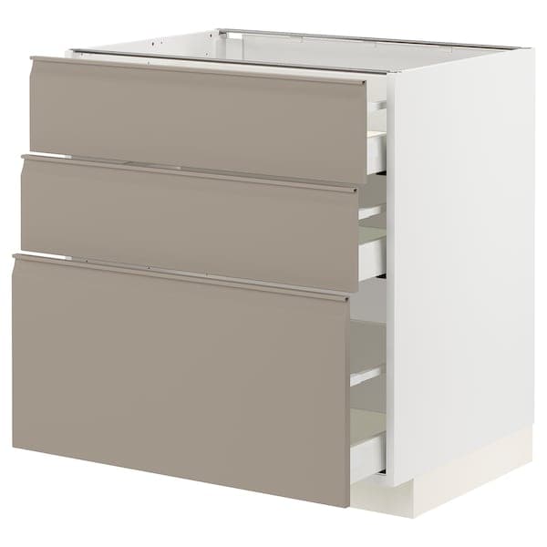 METOD / MAXIMERA - Base cabinet with 3 drawers, white/Upplöv matt dark beige, 80x60 cm