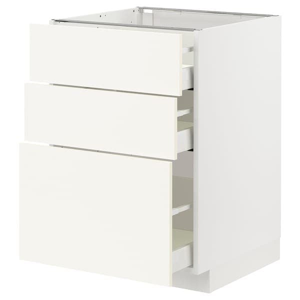 METOD / MAXIMERA - Base cabinet with 3 drawers, white/Vallstena white, 60x60 cm - best price from Maltashopper.com 39506999