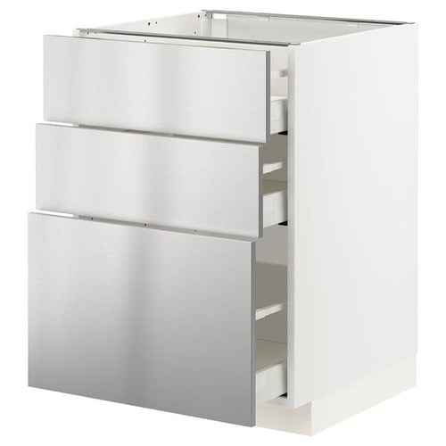 METOD / MAXIMERA - Base cabinet with 3 drawers, white/Vårsta stainless steel, 60x60 cm